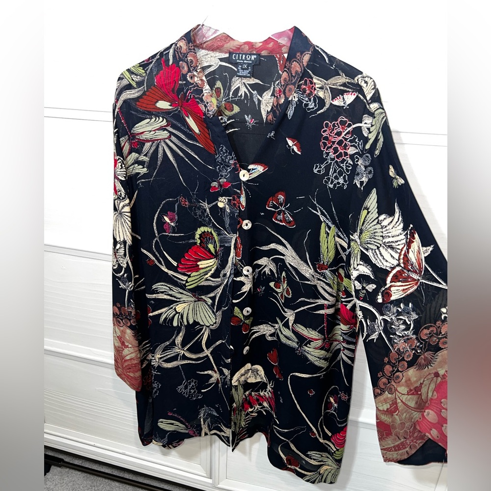 Citron 100% Silk Black Floral Button Down Blouse Sz 1X - Picture 8 of 15